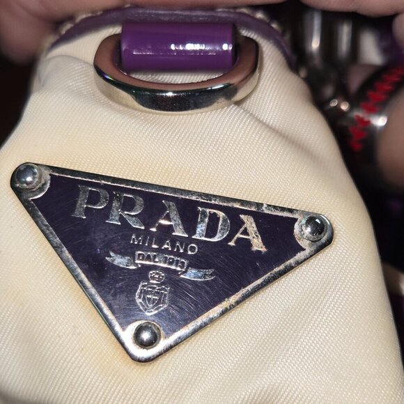 Prada Vintage Tessuto Beige Cloth Rare Purple Patent Leather Trim Crossbody Bag